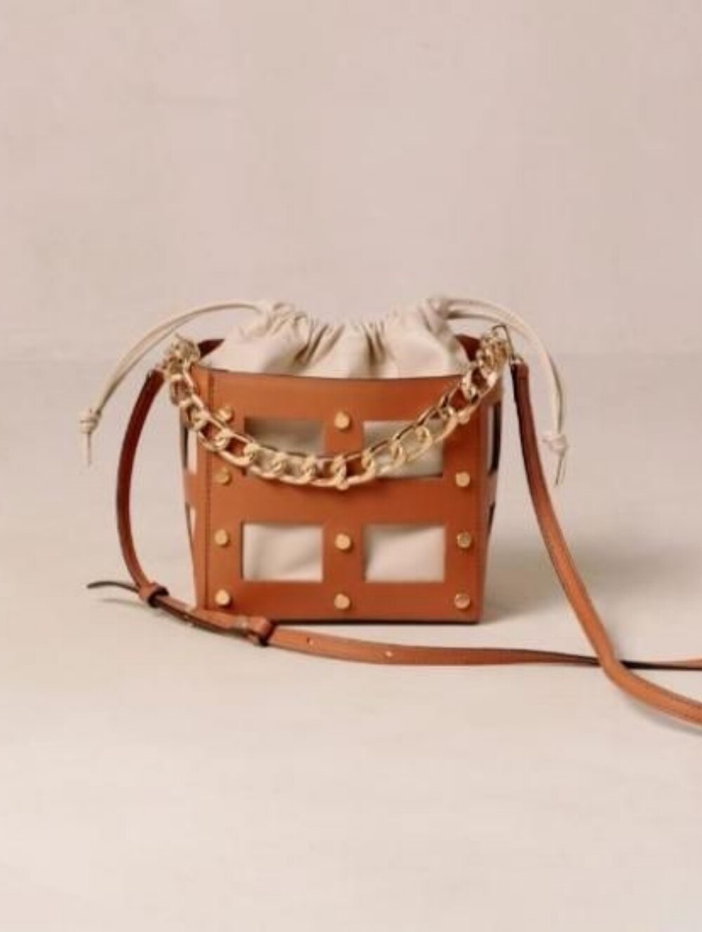 Alohas Leather Grid Bucket Bag with Cream Drawstring